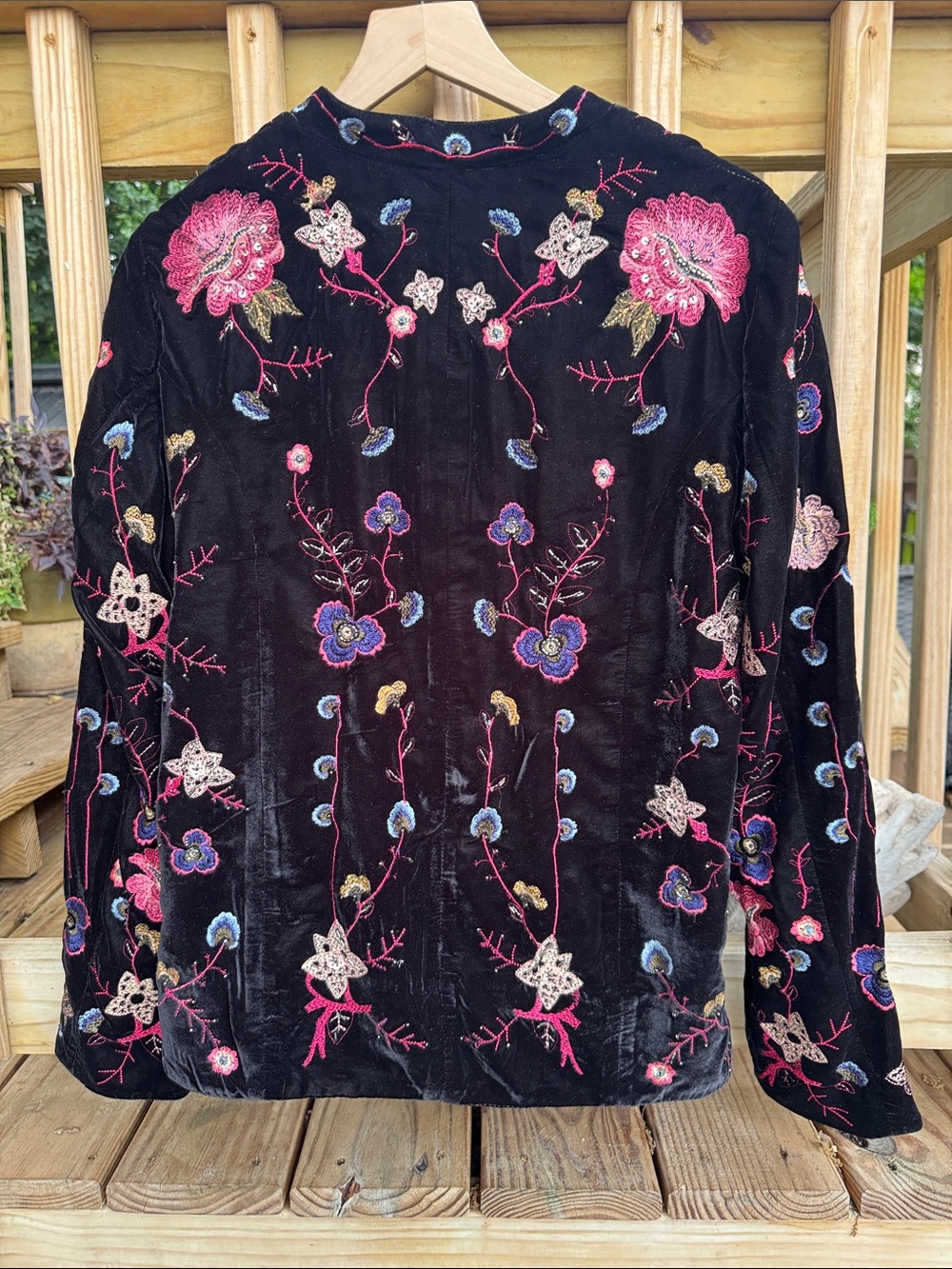Anthropologie Black Velvet Blazer with Pink & Blue Floral Embroidery - Picture 5 of 6